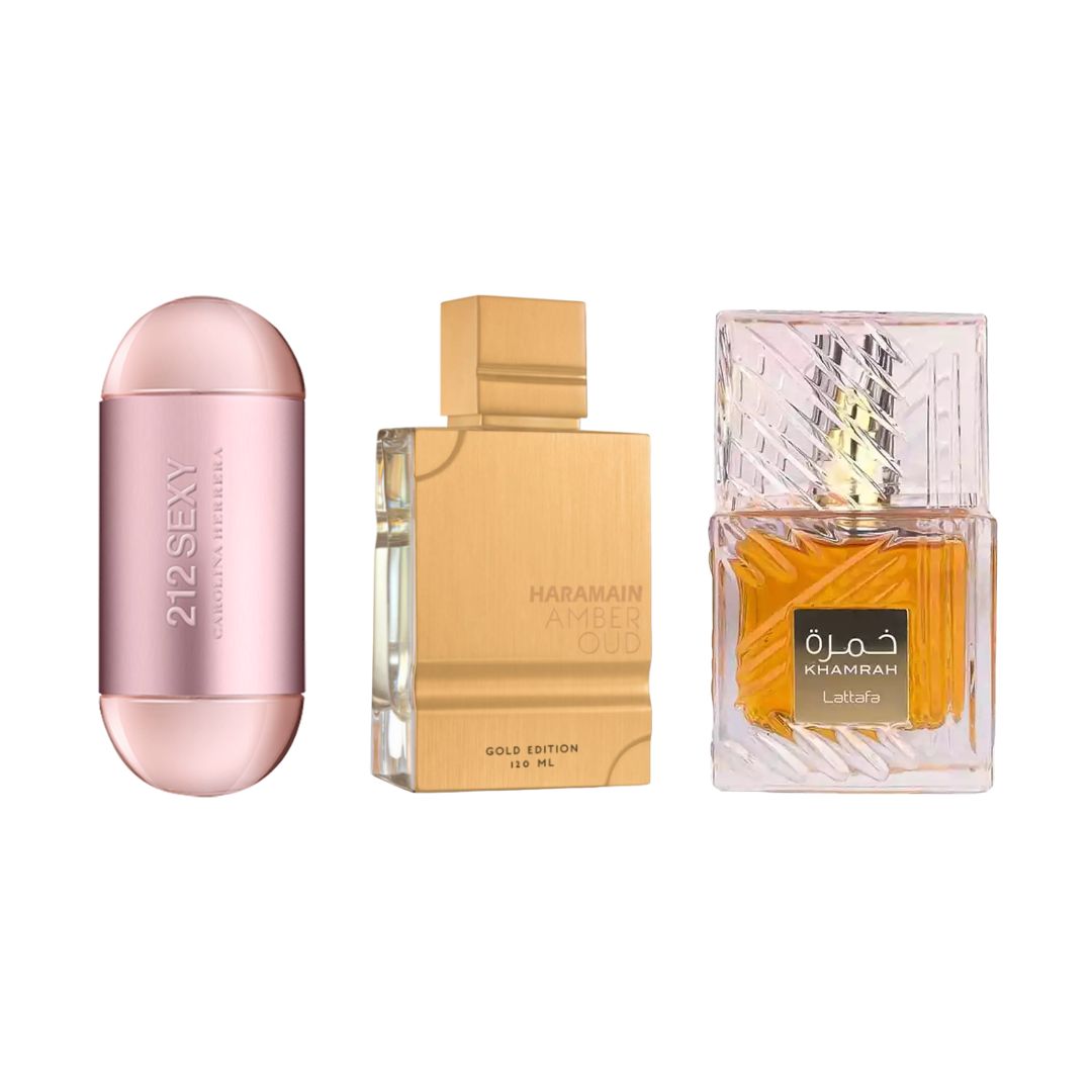 Promo mujer: 212 Sexy Woman 100 ML + Khamrah 100 ML + Al Haramain Amber Oud Gold Edition 120 ML + Envío GRATIS
